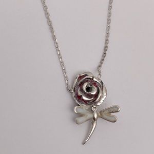 925 Silver red rose dragonfly enamel necklace
